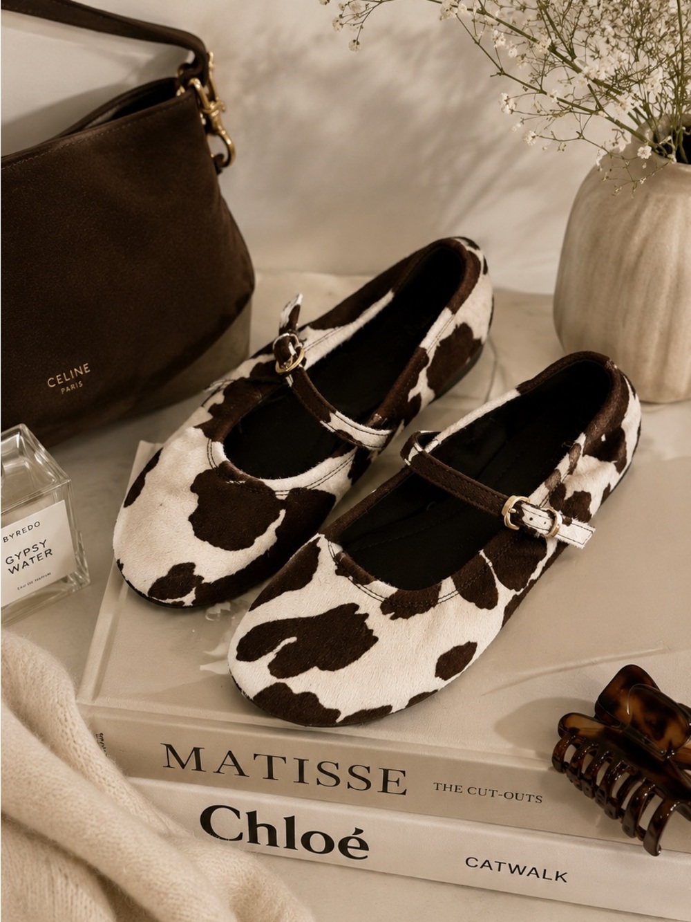Zara Cow Print Genuine Leather Hair-On Mary Jane Flats NWT Size 36 US 6